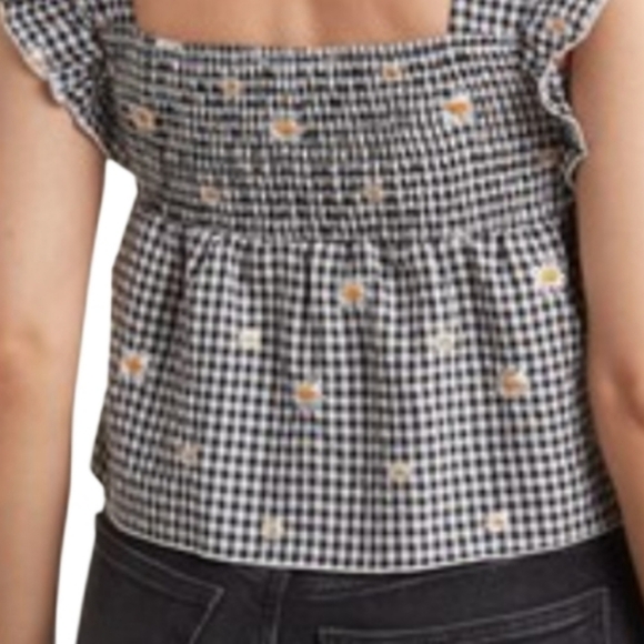 NEW! KIRIOUS Cotton Gingham Daisy Embroidered Cap Sleeve Peplum Top Small. - Picture 2 of 5